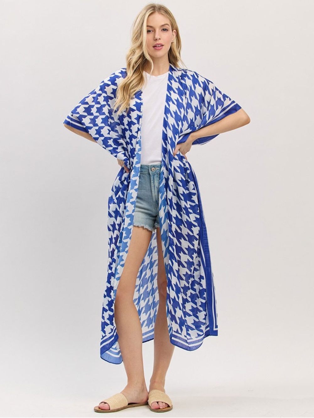 Blue & White Houndstooth Kimono Cover-Up